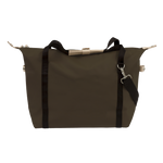 Brown bag with black straps on a white background