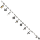 Silver bracelet with various charms on a white background