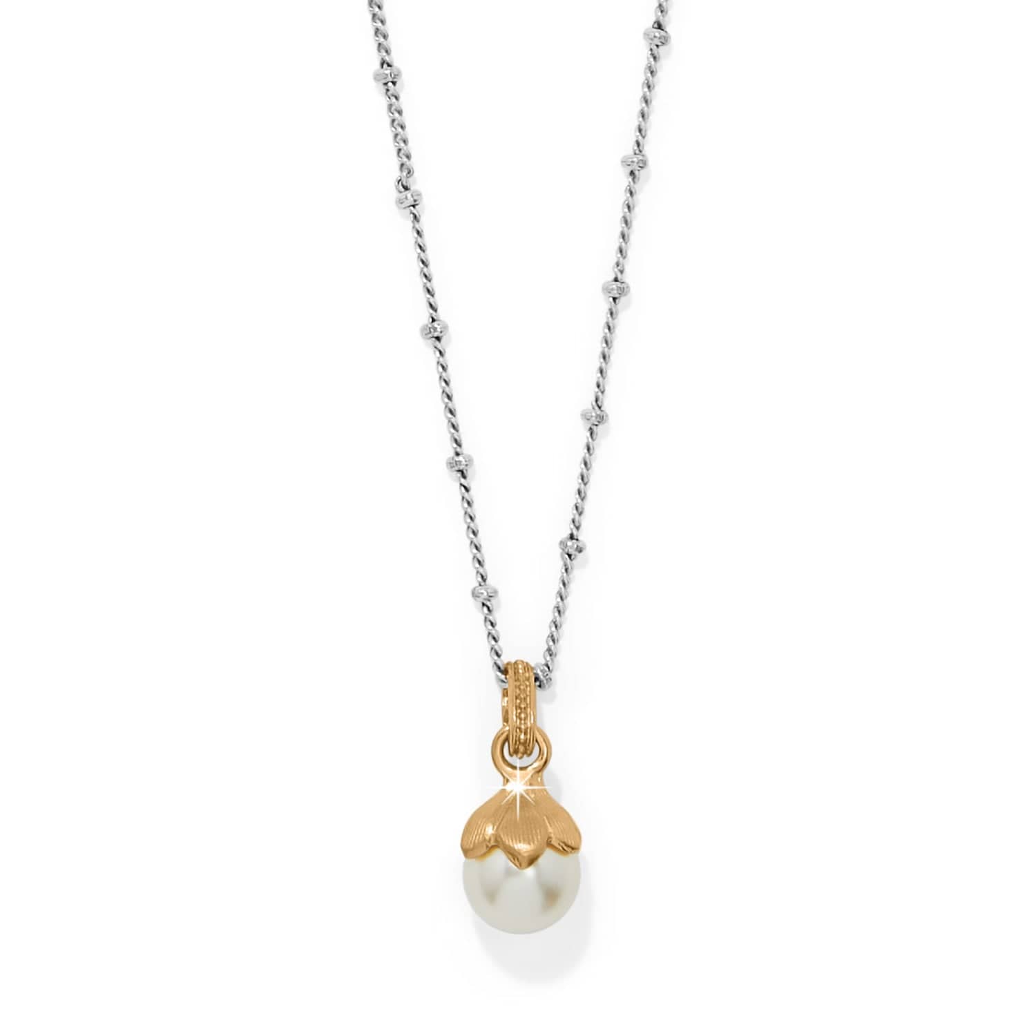 Necklace with a gold and pearl pendant on a white background