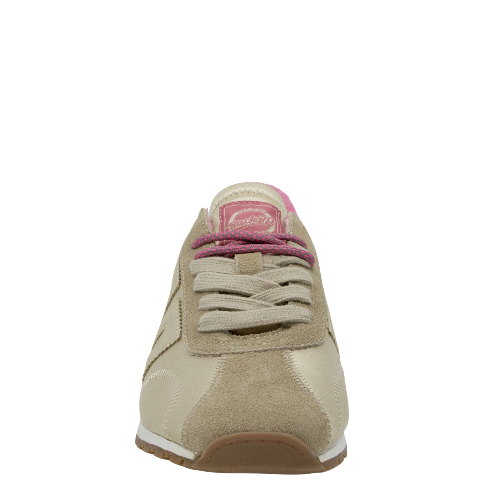 Beige sneaker with pink accents on a white background