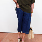 A person shown from the back wearing dark blue cropped denim shorts, an olive green top, and beige wedge sandals, holding a beige tote bag against a white wall.