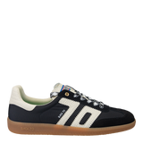 A pair of black tennis shoes with white stripes and the brand name back 70 written across the side.