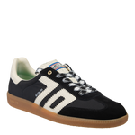A pair of black tennis shoes with white stripes and the brand name 'GHOST' written across the side.