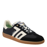 A pair of black tennis shoes with white stripes and the brand name 'GHOST' written across the side.