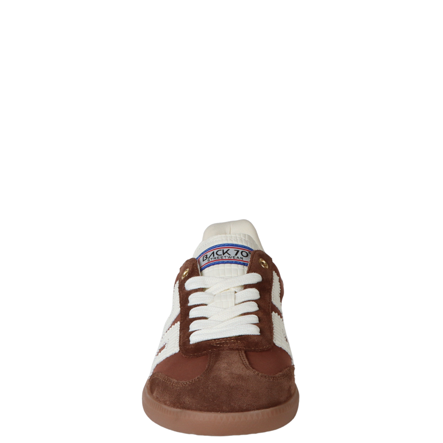 Brown and white sneaker with visible brand name on a white background