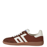 Brown and white sneaker with a visible brand logo on a white background