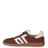 Brown and white sneaker with a visible brand logo on a white background