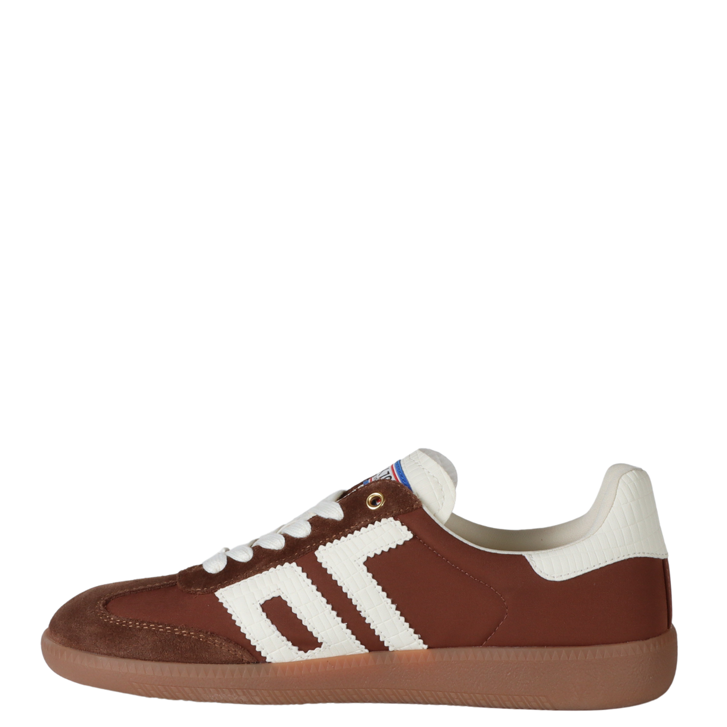 Brown and white sneaker with a visible brand logo on a white background