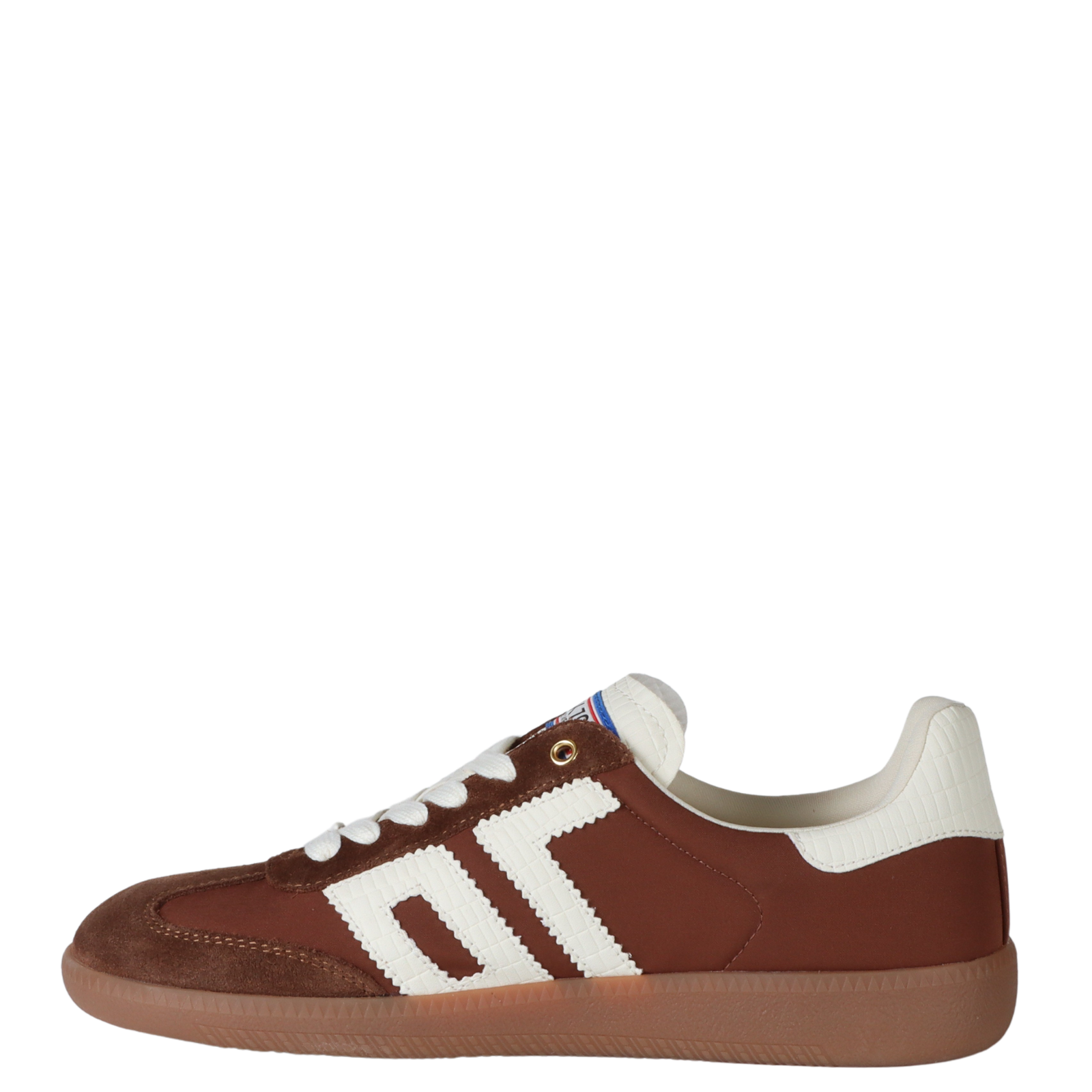 Brown and white sneaker with a visible brand logo on a white background