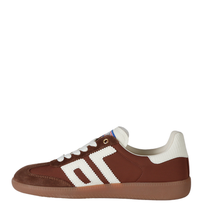 Brown and white sneaker with a visible brand logo on a white background