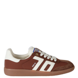 Brown and white sneaker with visible branding on a white background