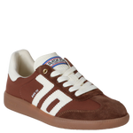 Brown and white sneaker with visible brand logo on a white background