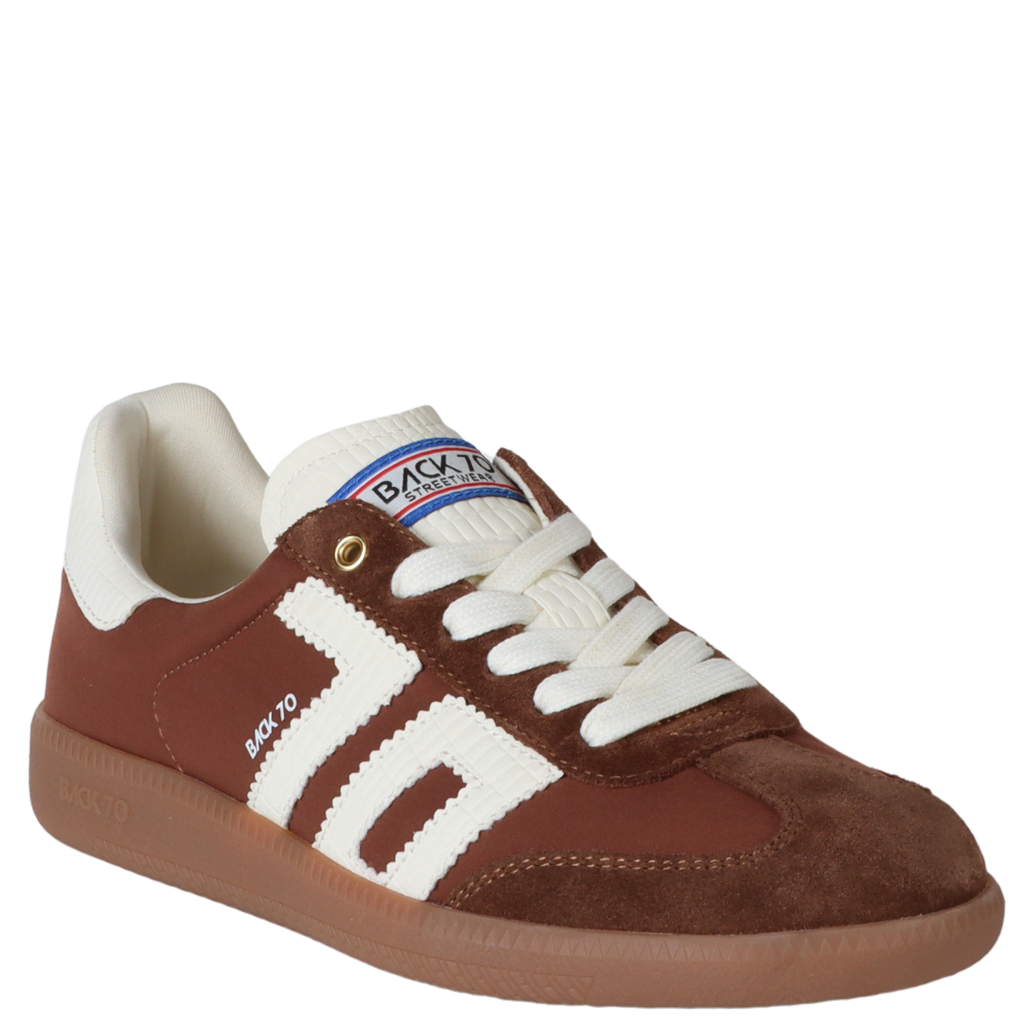 Brown and white sneaker with visible brand logo on a white background