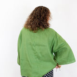 Person wearing a green kimono-style garment on a white background
