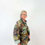 Person wearing a camouflage jacket on a white background