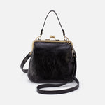 Black leather handbag with gold clasp on a white background