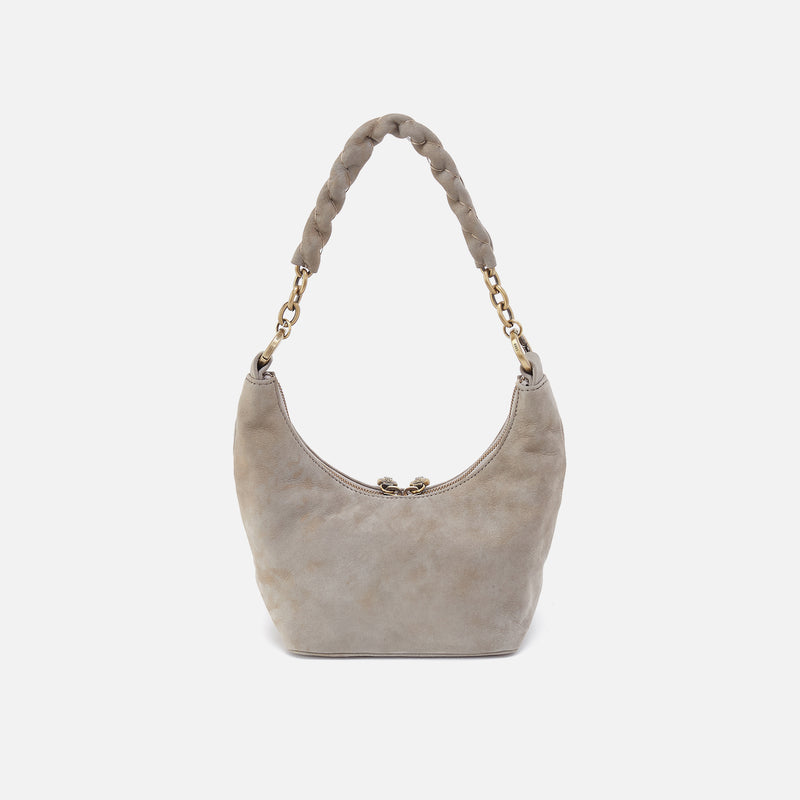 Gray handbag with a gold chain handle on a white background