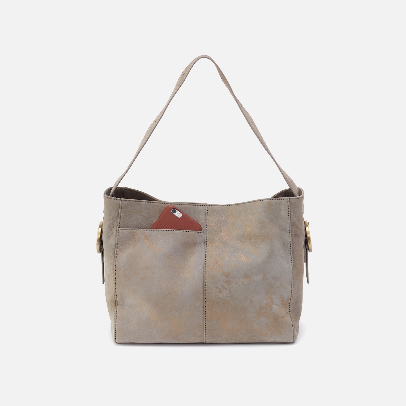 Gray leather handbag with a brown patch on a white background