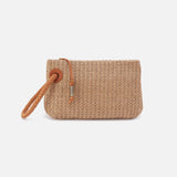 Brown woven clutch bag with a strap on a white background