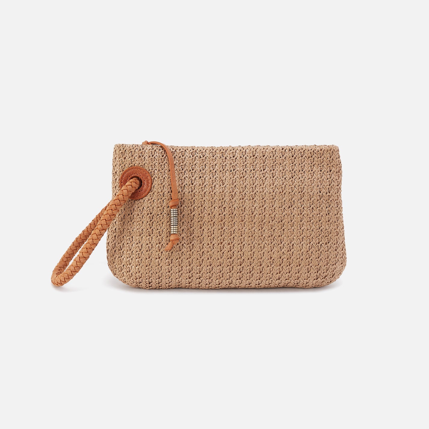 Brown woven clutch bag with a strap on a white background