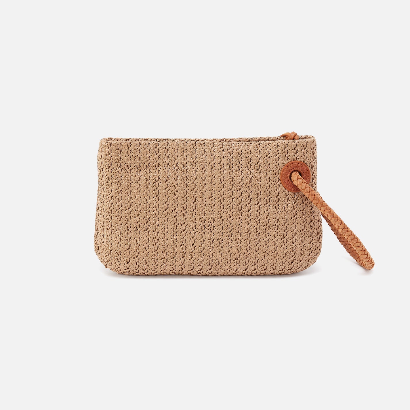 Beige woven pouch with a brown strap on a white background