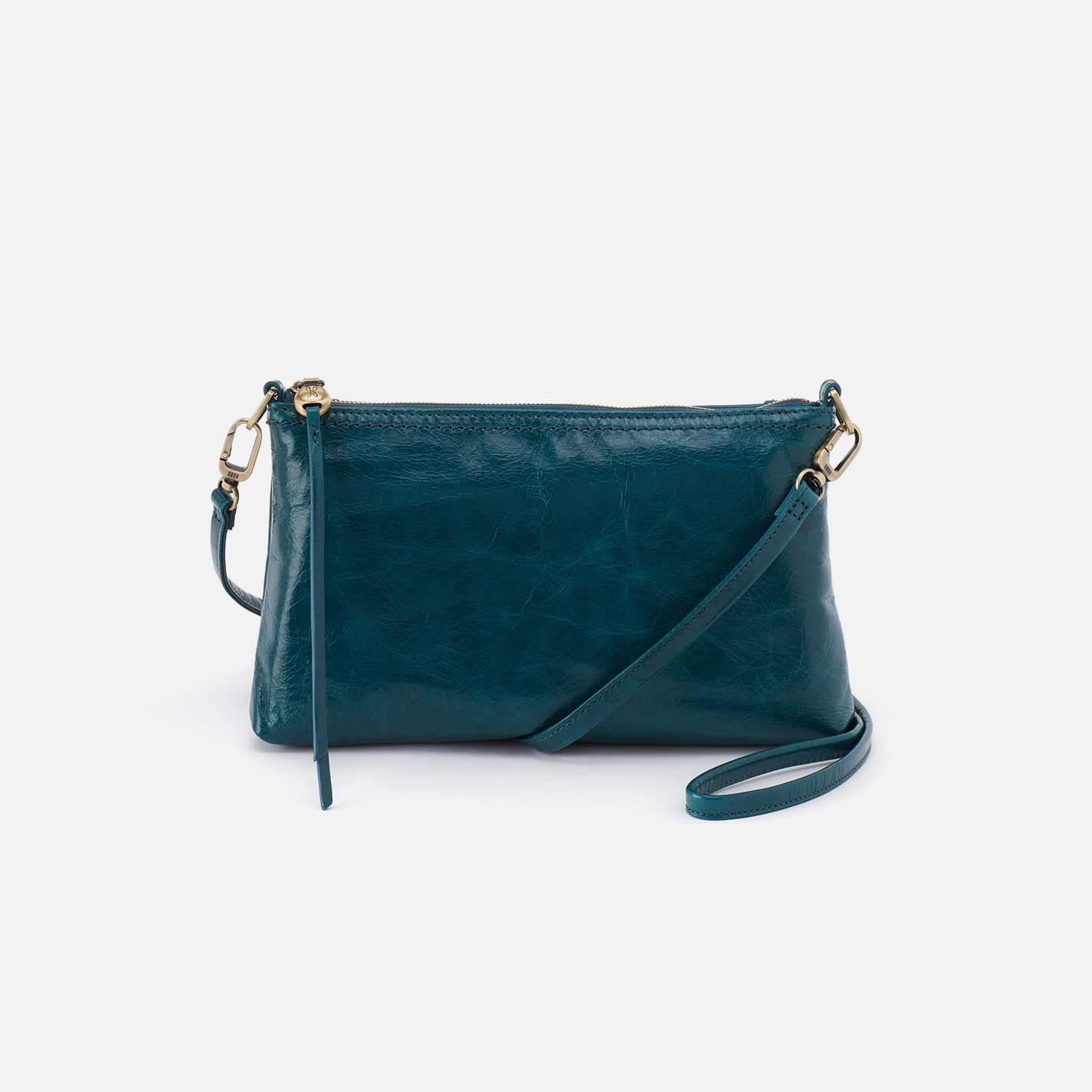 Teal handbag with a strap on a white background