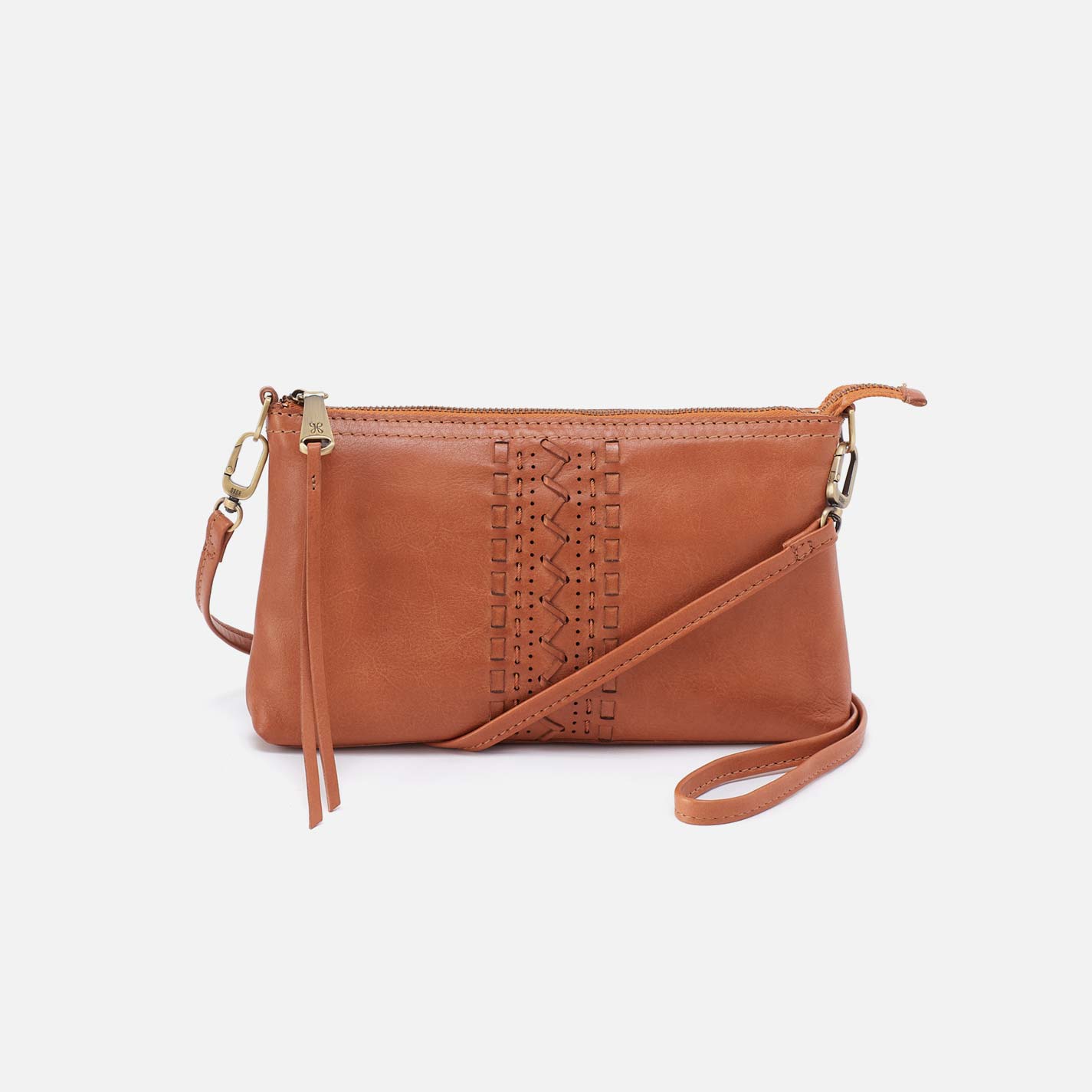 Brown leather crossbody bag with decorative stitching on a white background