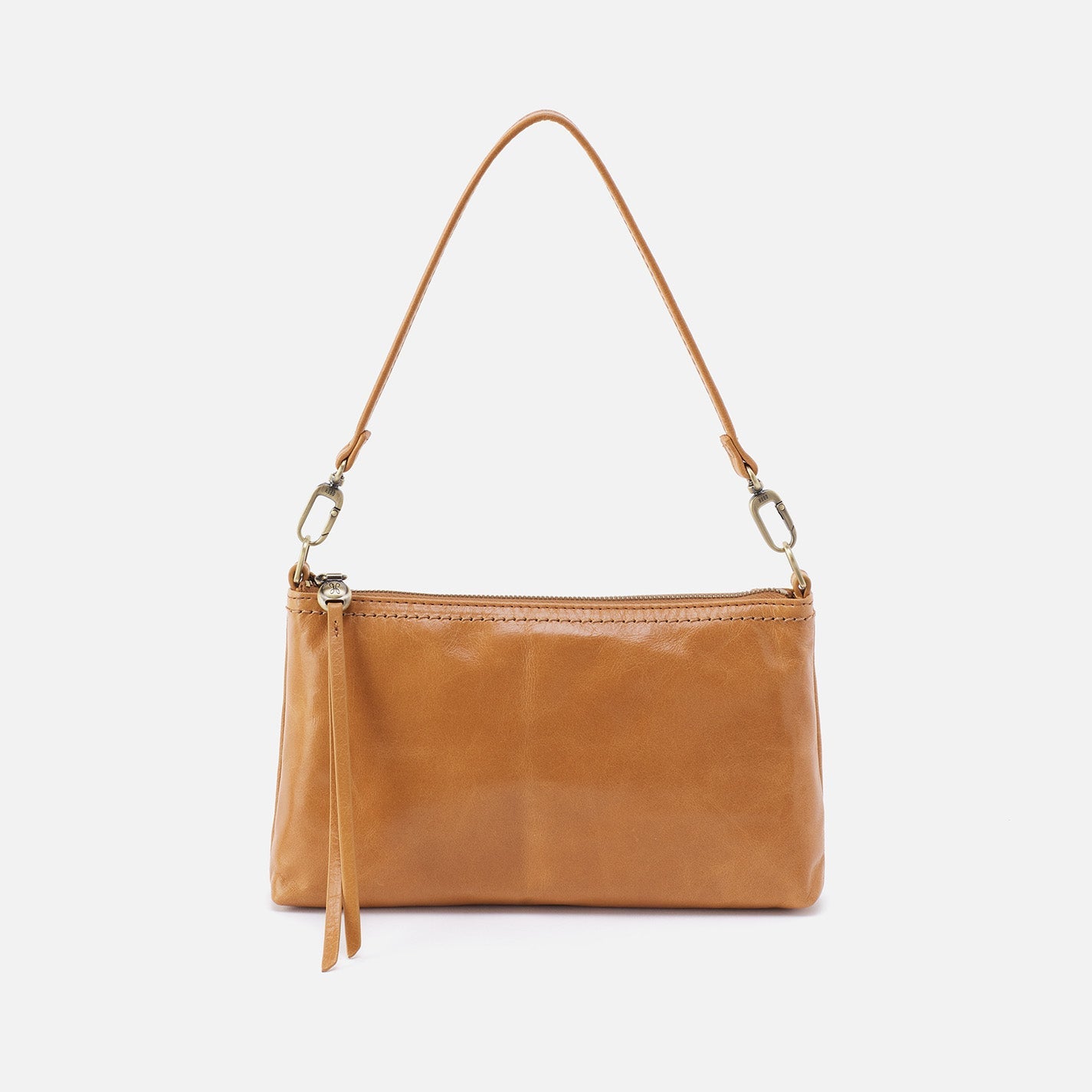 Brown leather handbag with a strap on a white background