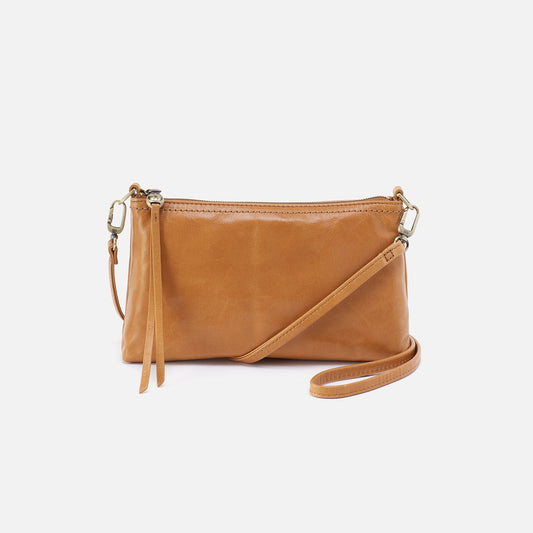 Brown leather crossbody bag on a white background
