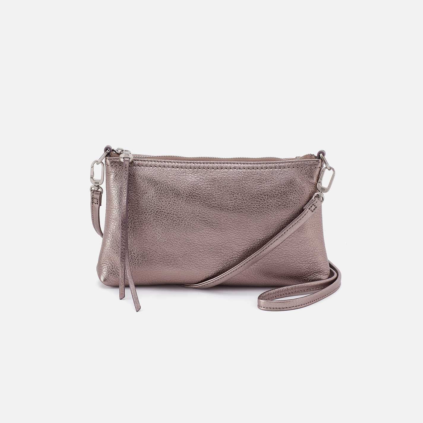 Hobo Darcy Convertible Crossbody in pewter leather with adjustable strap and sleek, versatile design.