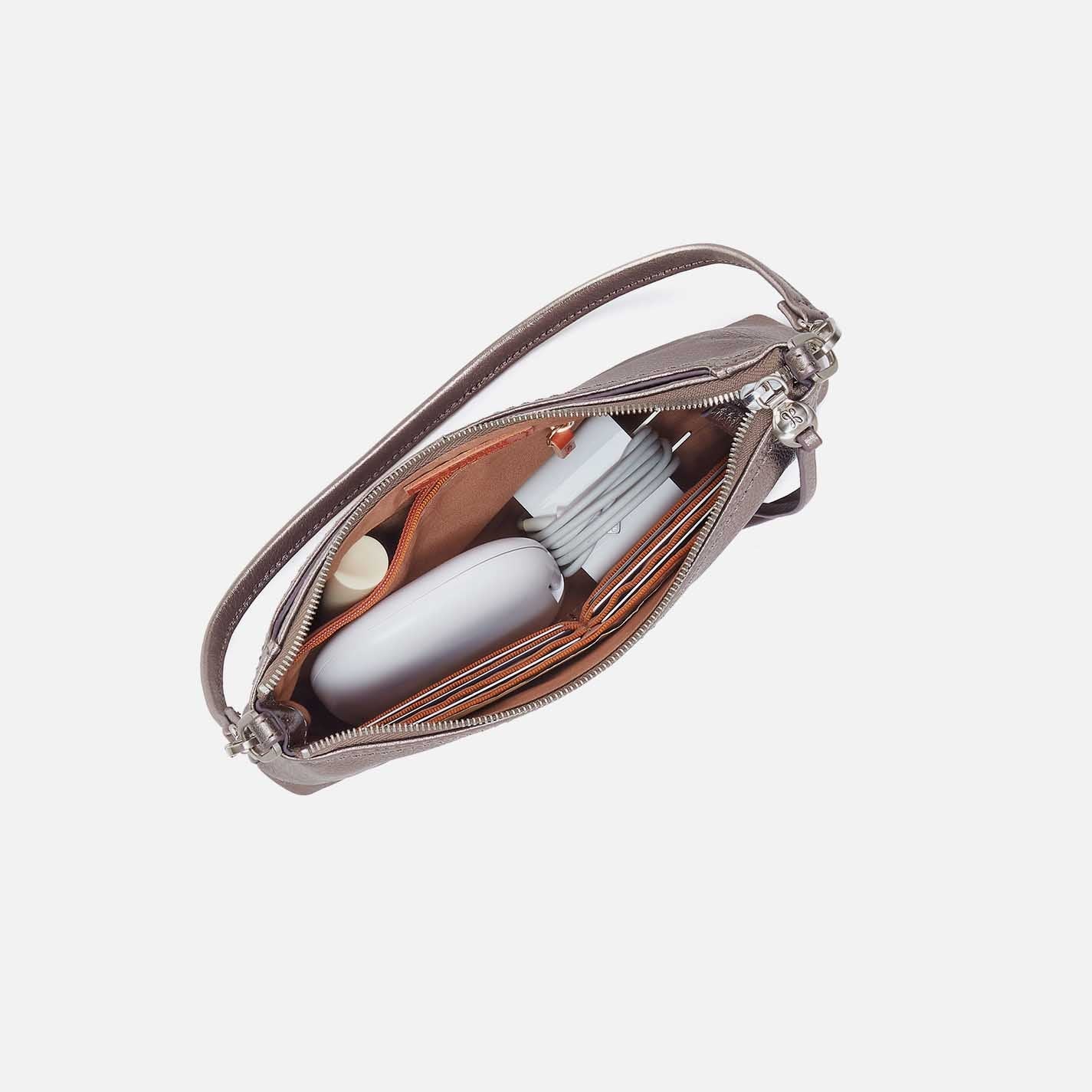 Hobo Darcy Convertible Crossbody in pewter leather with adjustable strap and sleek, versatile design.