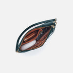 Green zipper pouch with gold interior on a white background