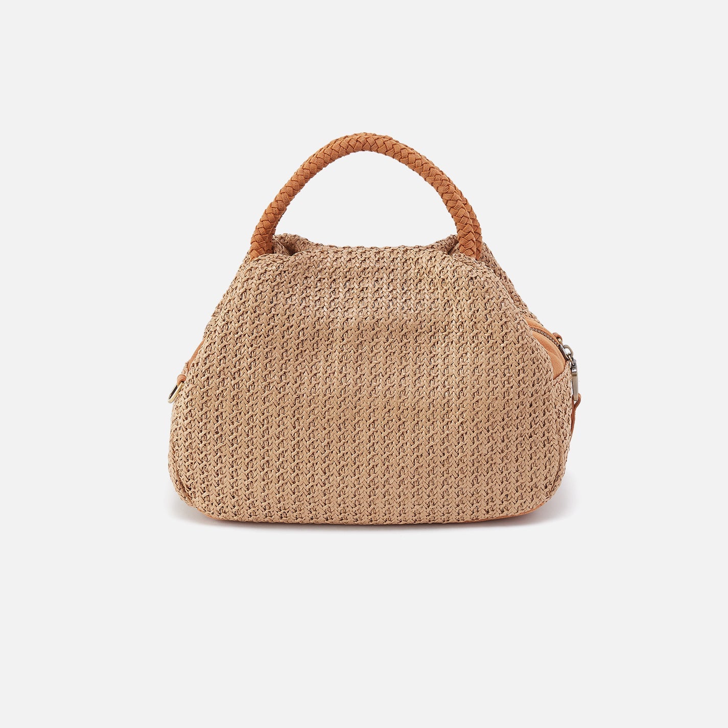 Beige woven handbag with brown handle on a light beige background