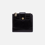 Hobo Dunn Mini Wallet in black leather with snap closure and compact design.