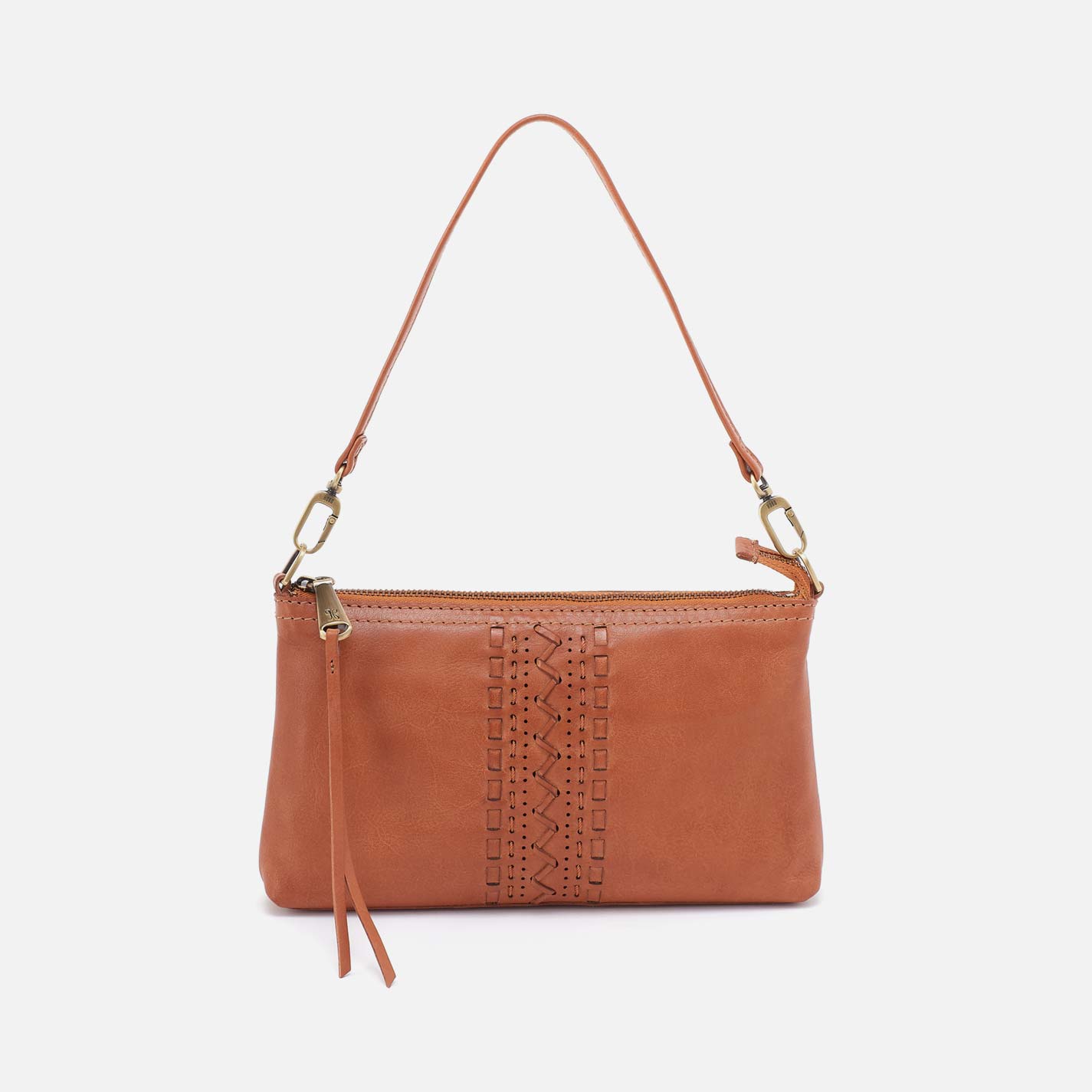 Brown leather handbag with decorative stitching on a white background