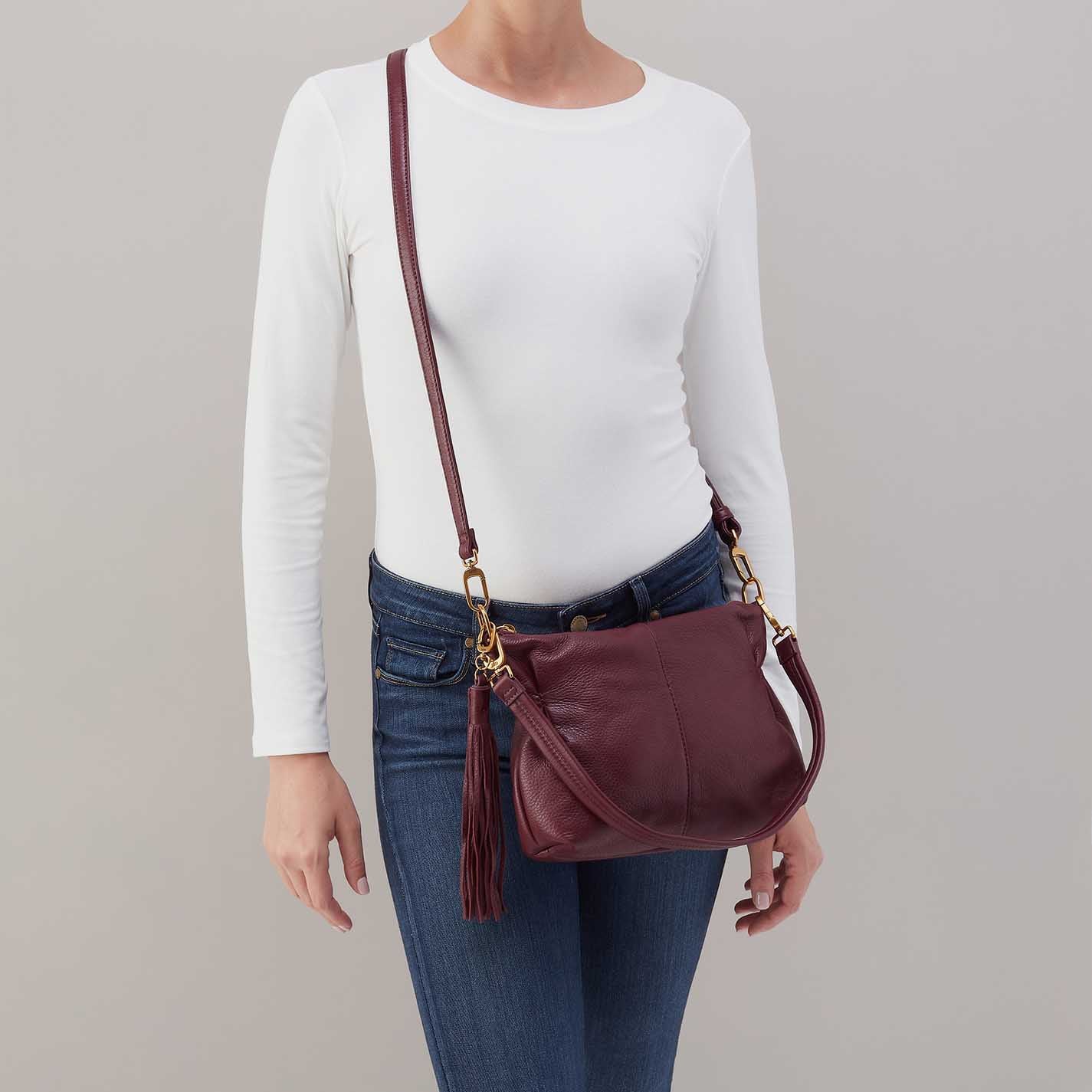 Mulberry glaze Hobo Kori Crossbody made from pebbled leather with sleek, structured design