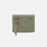 Green wallet with a gold zipper on a white background