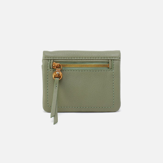 Green wallet with a gold zipper on a white background