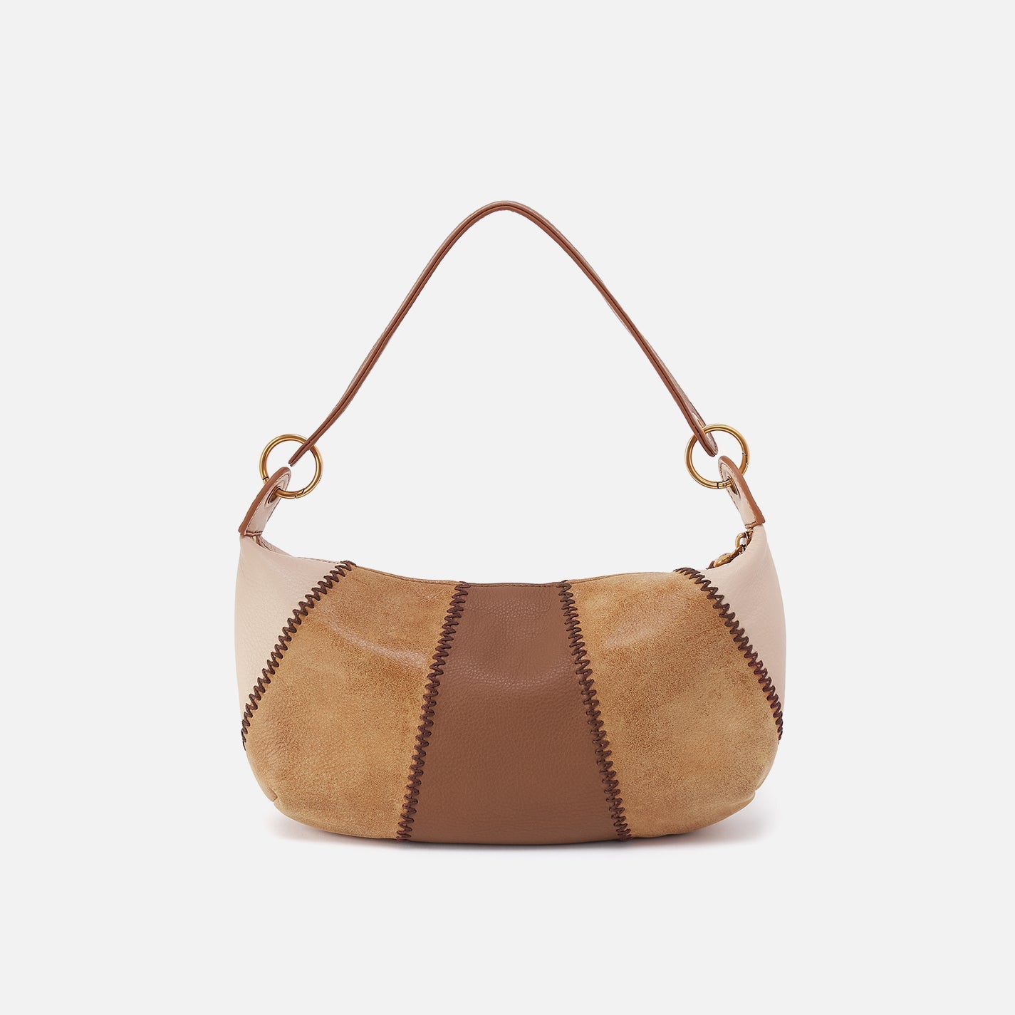 Brown and beige handbag with a gold chain on a white background