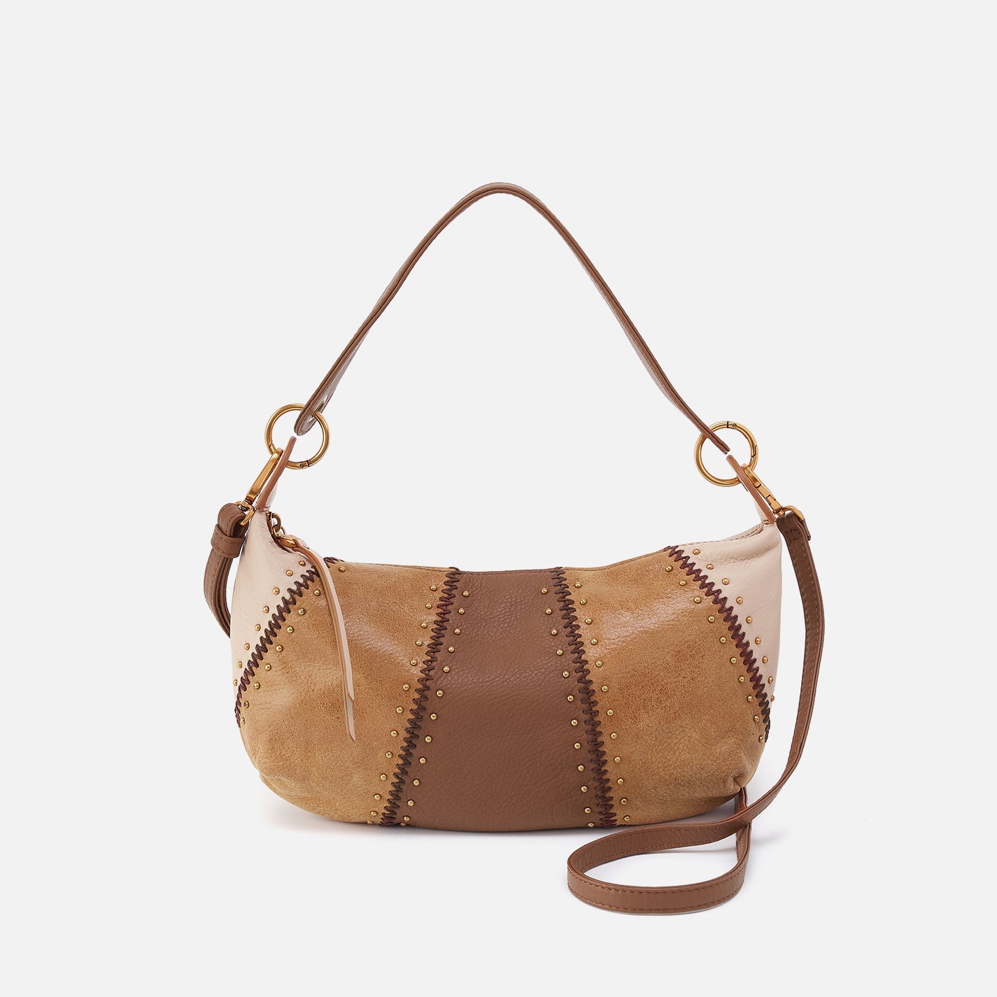 Brown and beige handbag with a strap on a white background