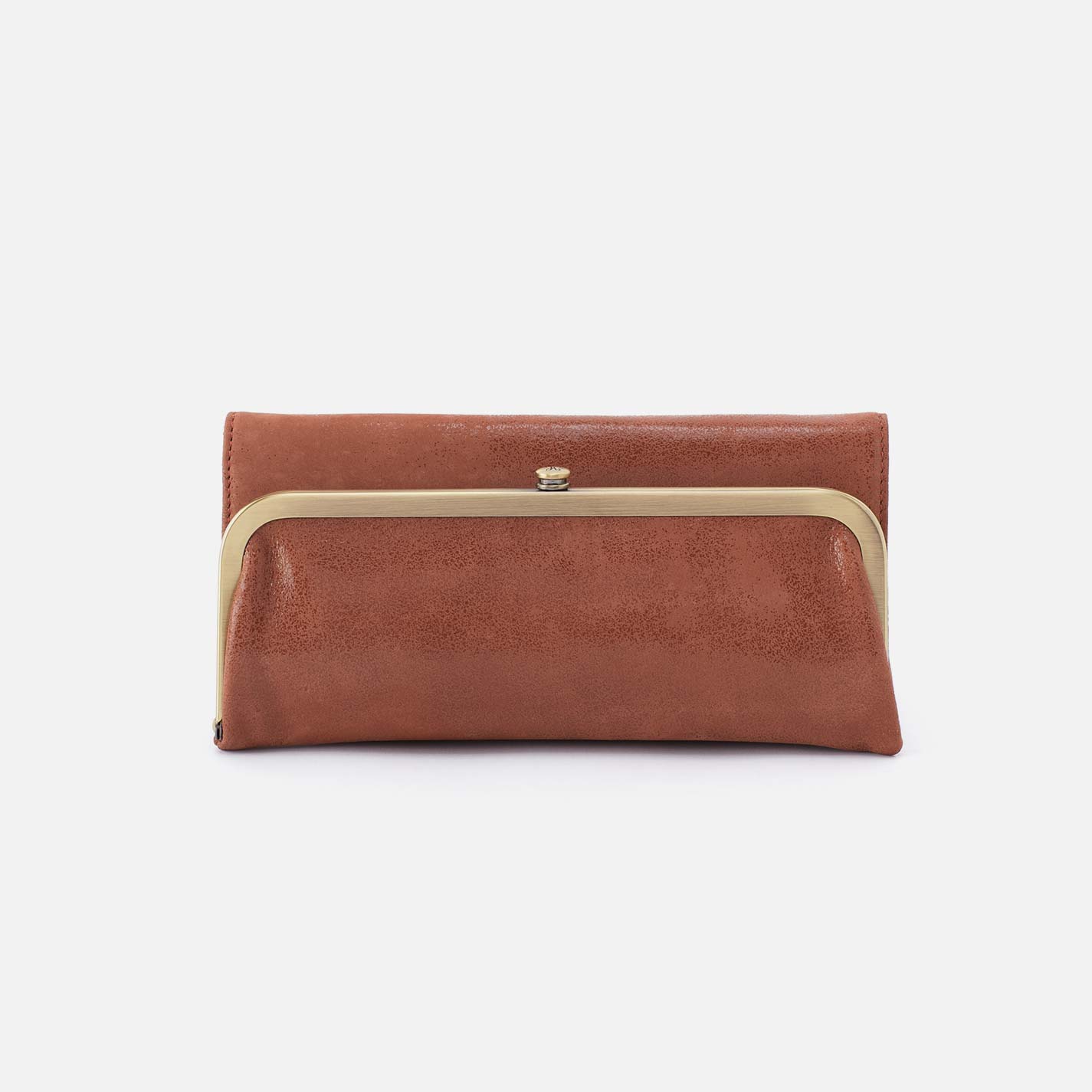 Brown leather clutch bag with gold trim on a white background