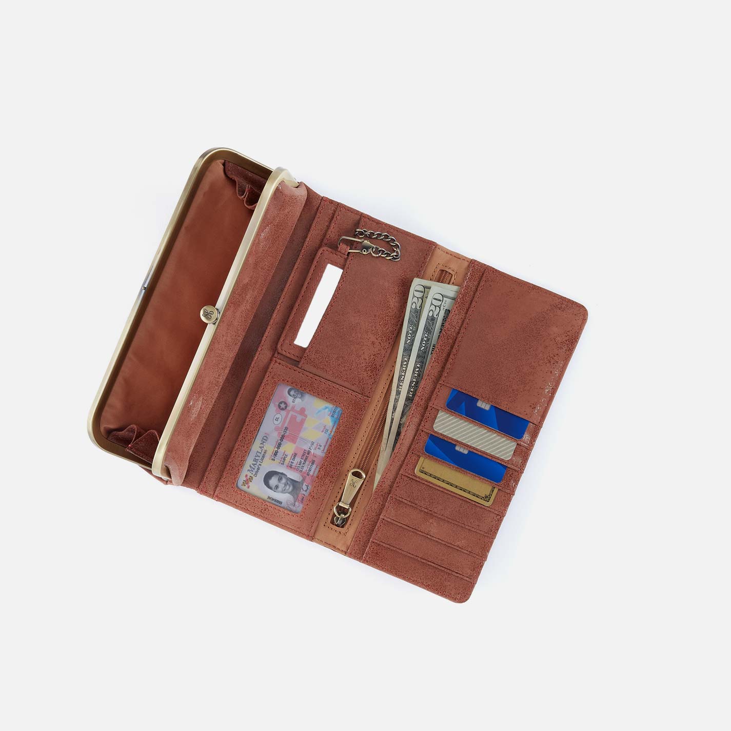 Brown leather wallet with various compartments on a white background