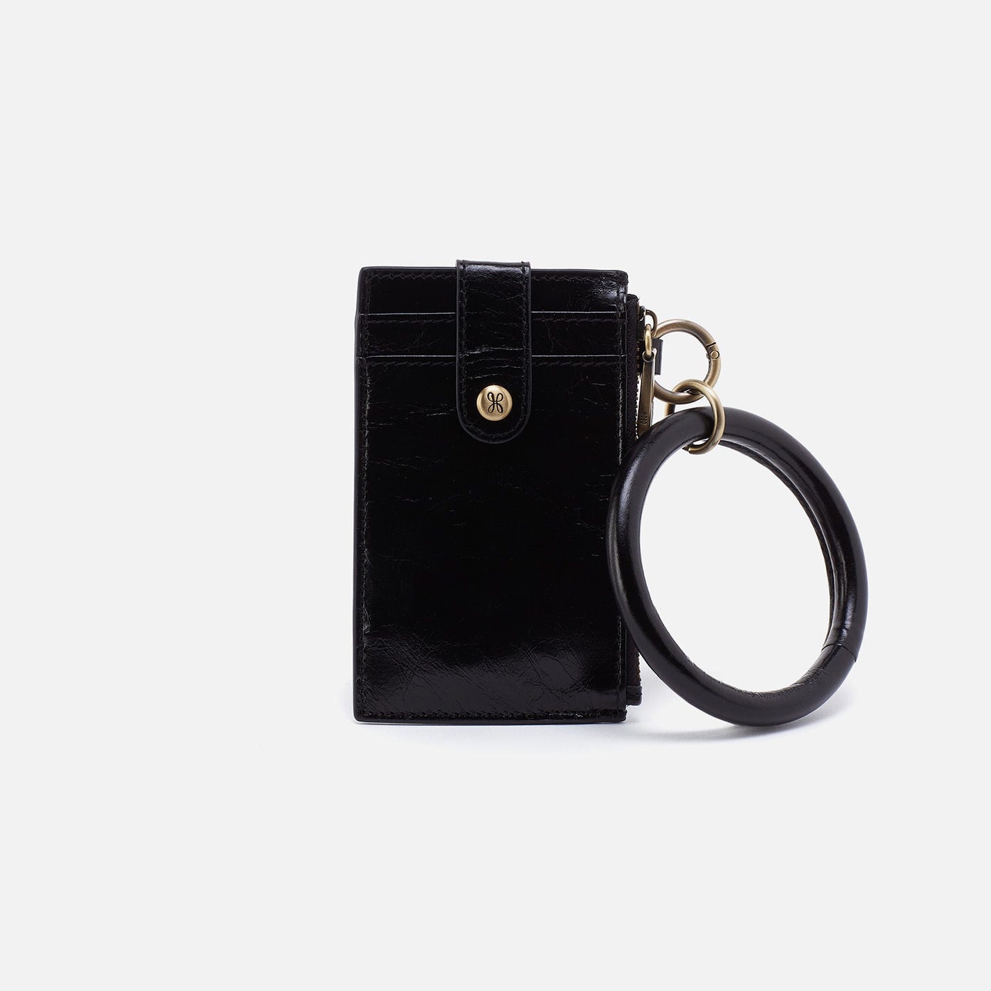 Black keychain wallet with a ring on a white background