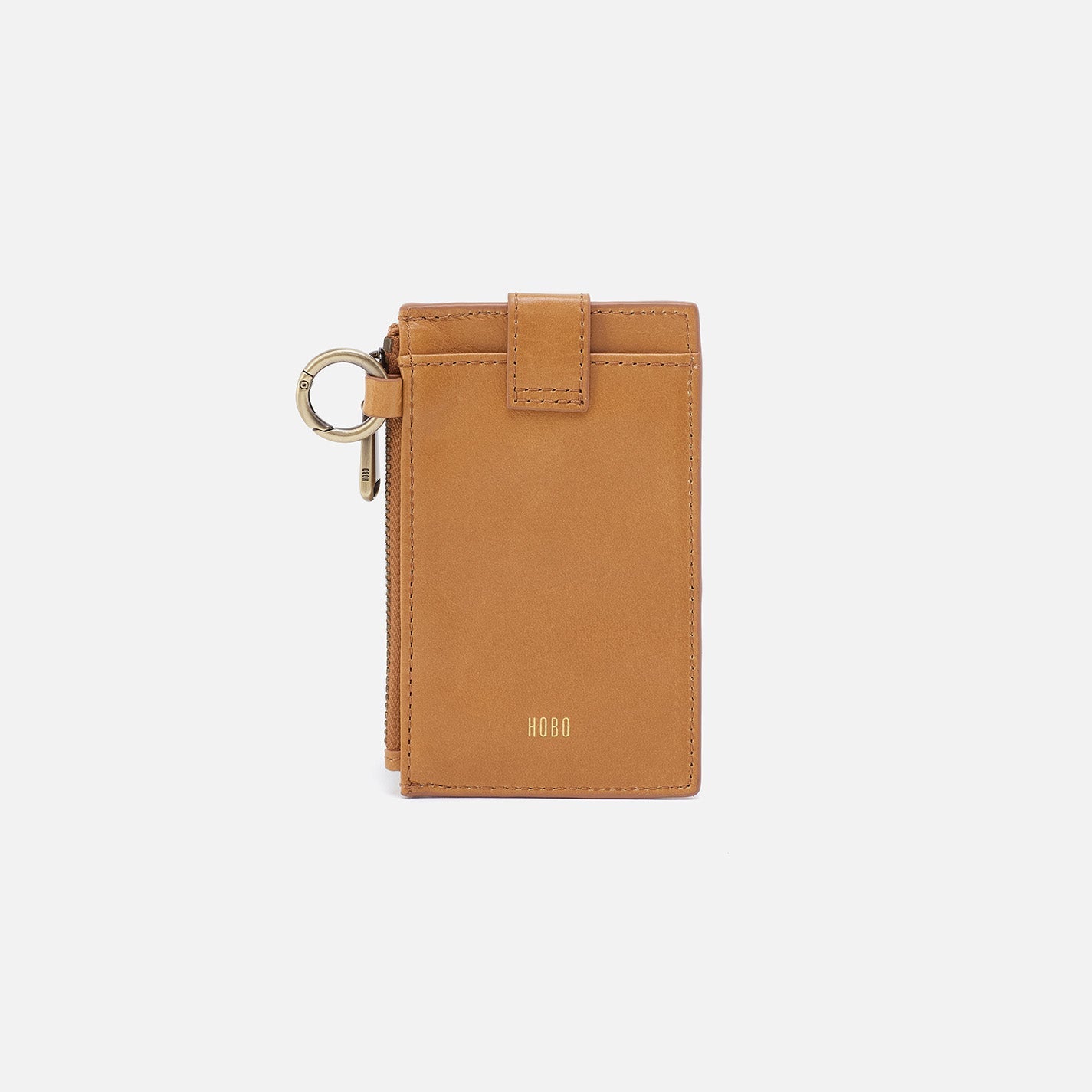 Tan leather wallet with key ring on a white background