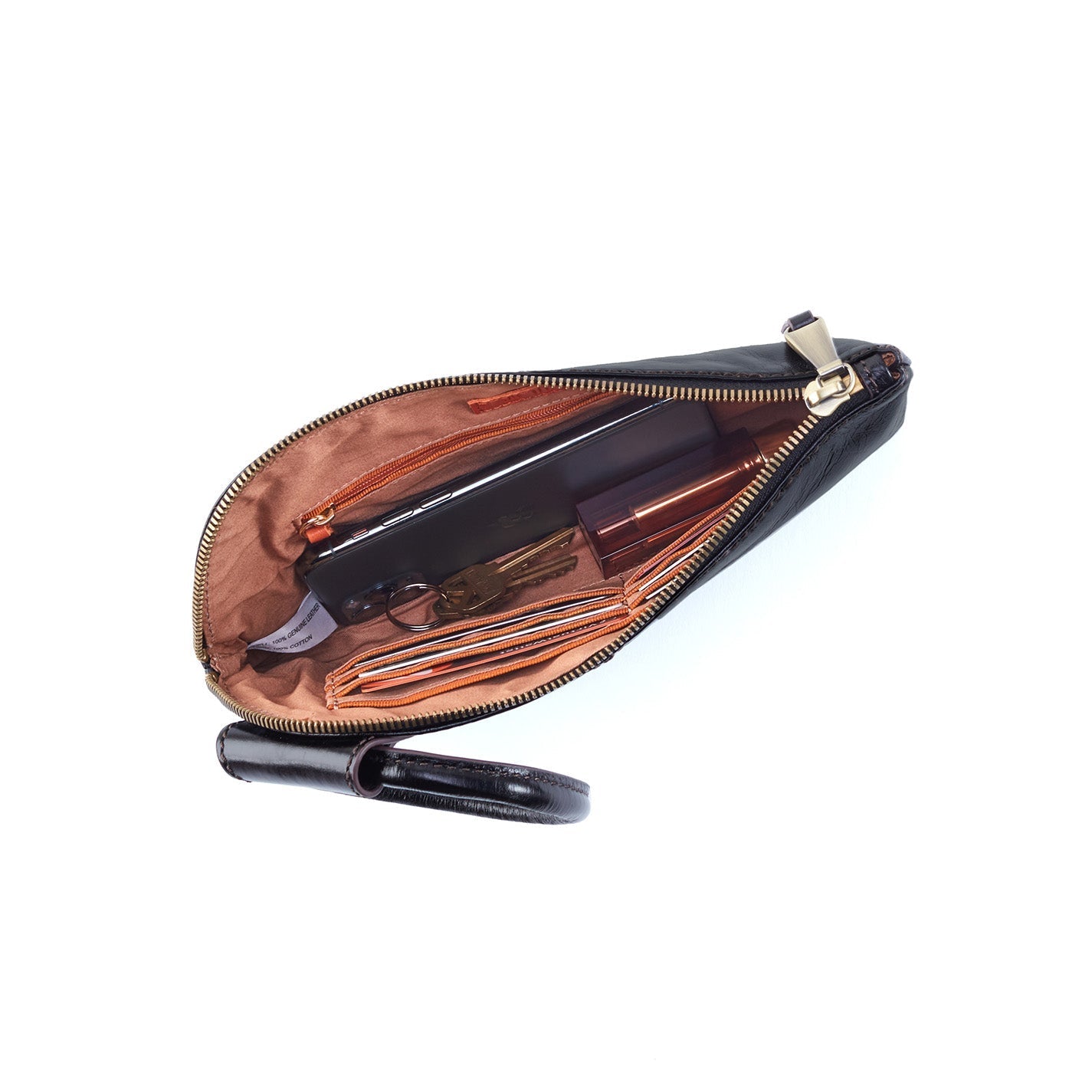 Black and gold handbag with open design on a white background