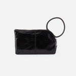 Black leather clutch bag with a ring handle on a white background