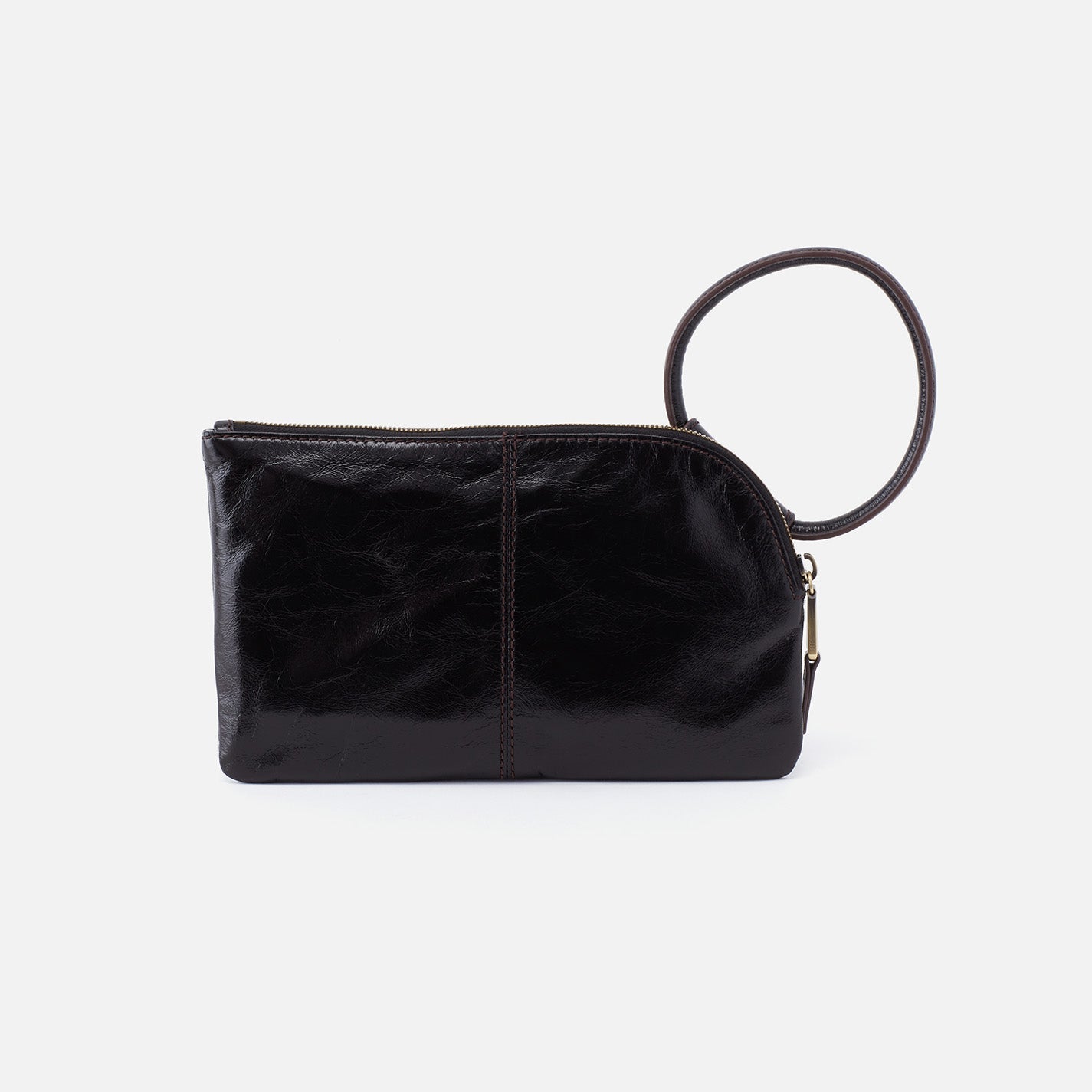 Black leather clutch bag with a ring handle on a white background