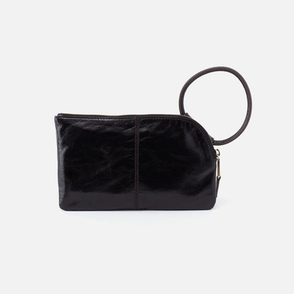 Black leather clutch bag with a ring handle on a white background