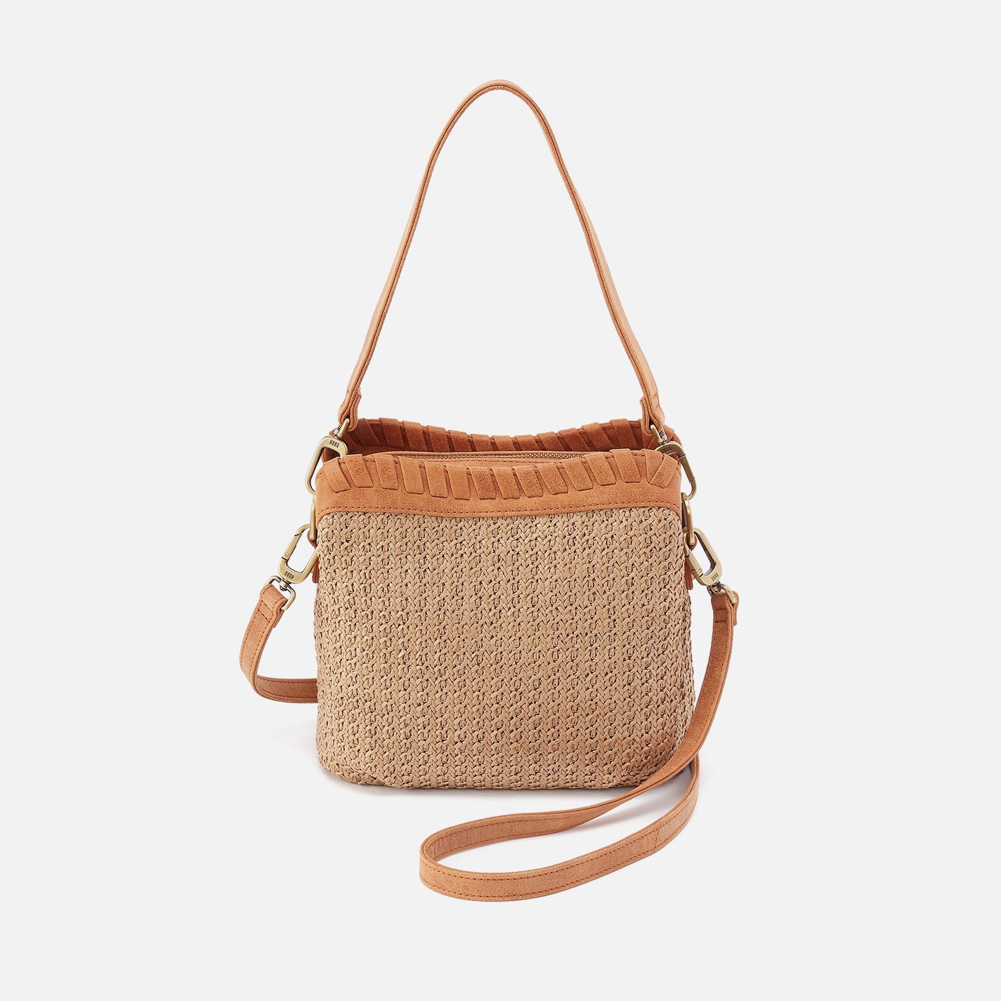 Woven handbag with brown leather accents on a white background