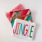 Colorful beaded pouch with 'JINGLE' text on a white background
